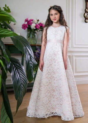 Cap Sleeves Ivory Lace Flower Girl Dress With Rose Lining